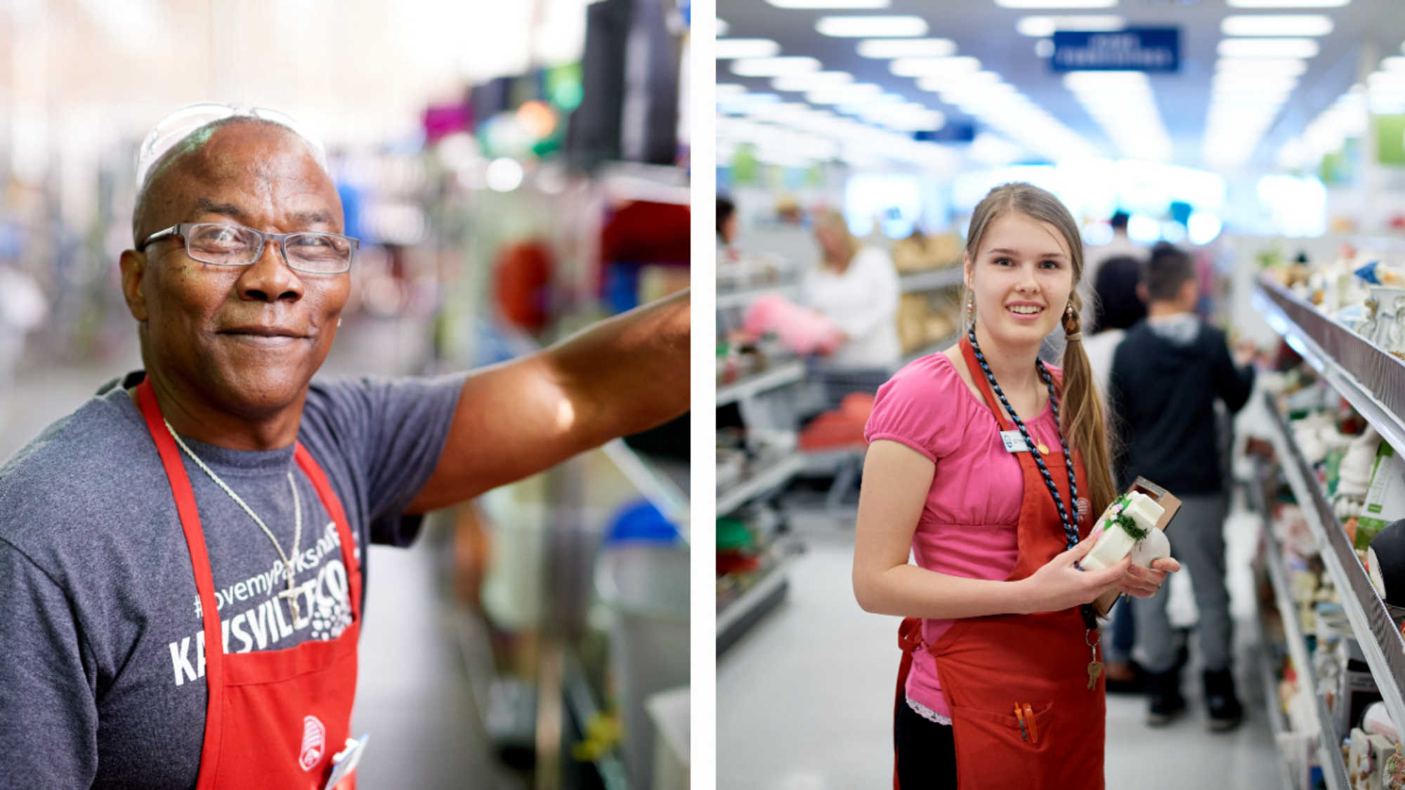A side-by-side image of two DI associates, smiling at the camera as they do their work in the store